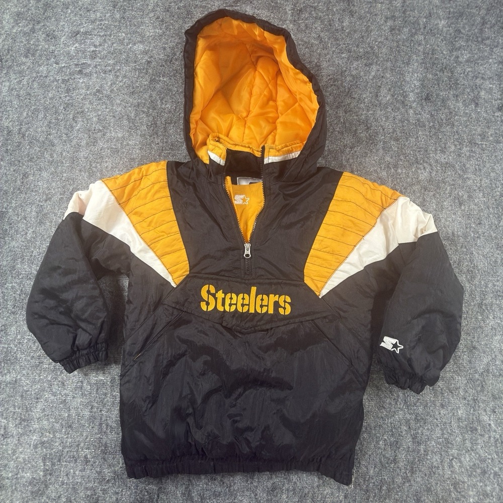 Starter Steelers Jacket Youth L Black Gold Nylon Hooded Pullover NFL Vintage 90s